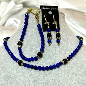 Artisan Blue Jade & Black Onyx Necklace Bracelet & Earrings Set